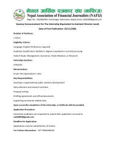 Vacancy Announcement for The Internship (Equivalent to Assistant Director Level)